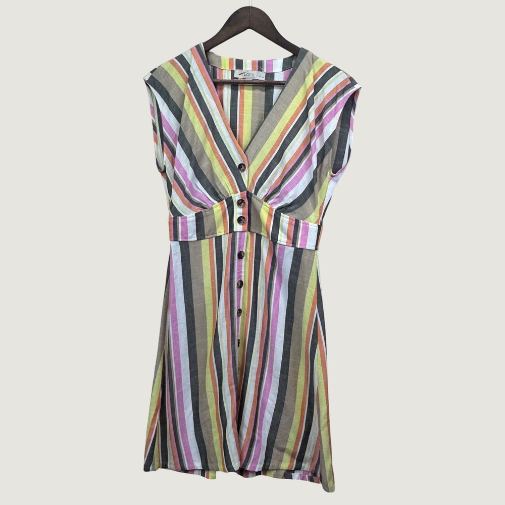 LOFT Petites Women Striped Viscose Button Front Sleeveless V-Neck Dress Multi 4P